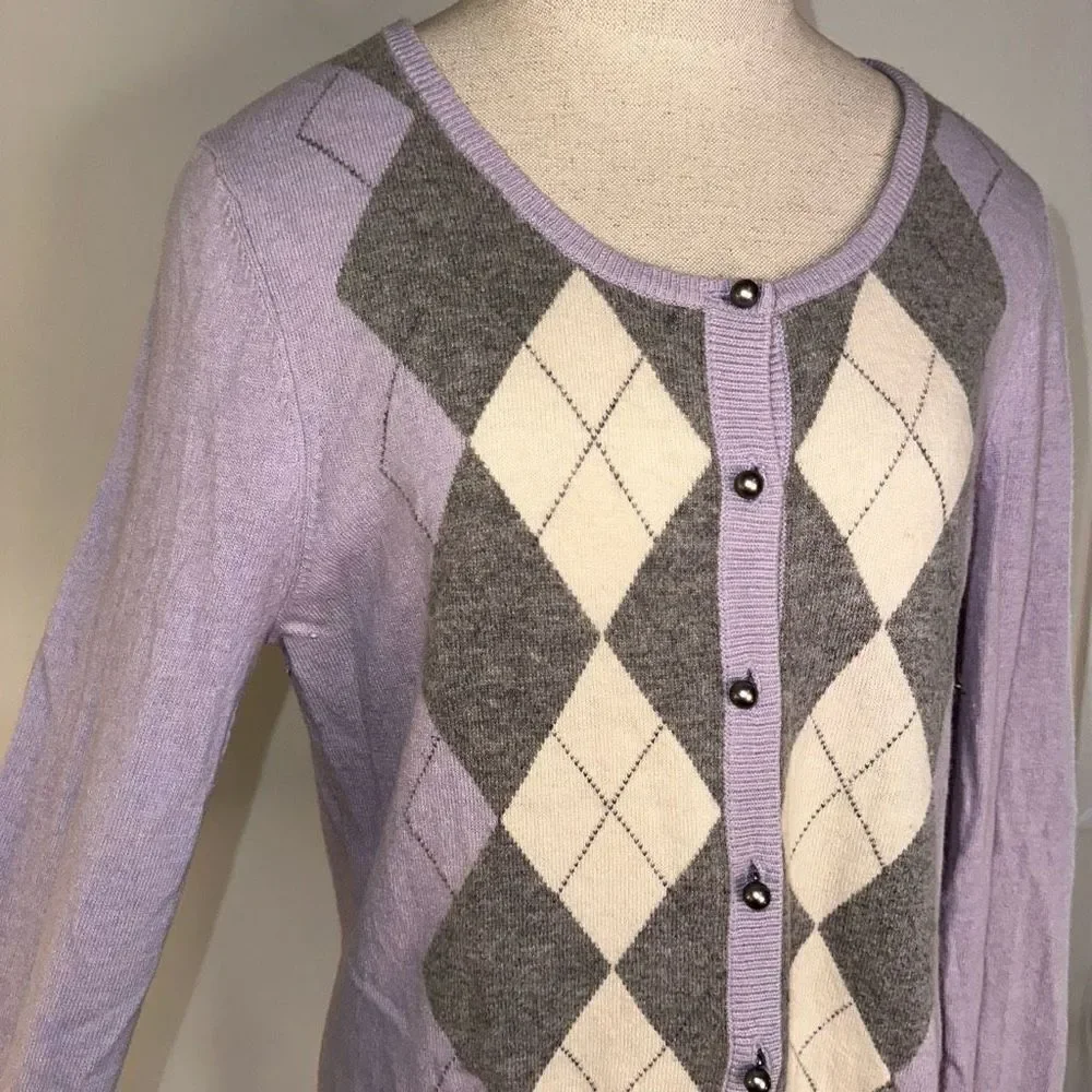 Talbots Womens Lambswool Angora Blend Purple Argyle Sweater Cardigan Cozy Chic‎